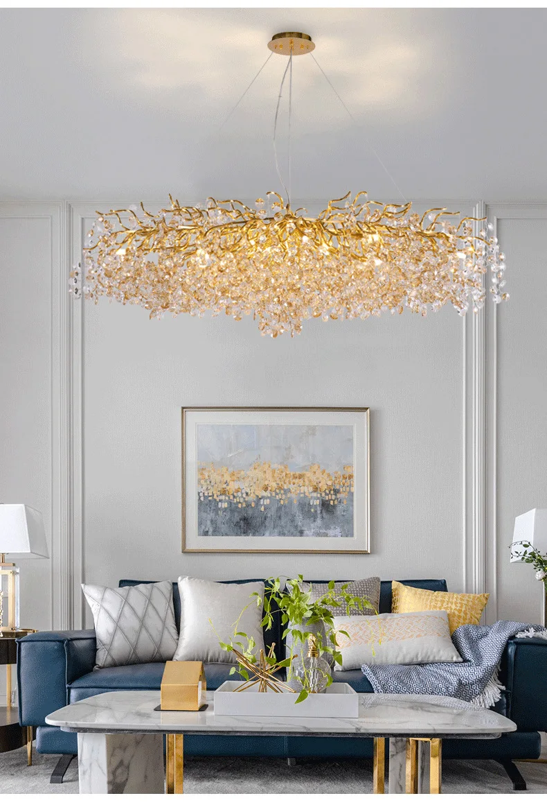 

Modern Luxury Gold round Crystal Chandelier Light K9 Crystal Tree Branch Design for Bedroom Dining Room Ceiling Lighting