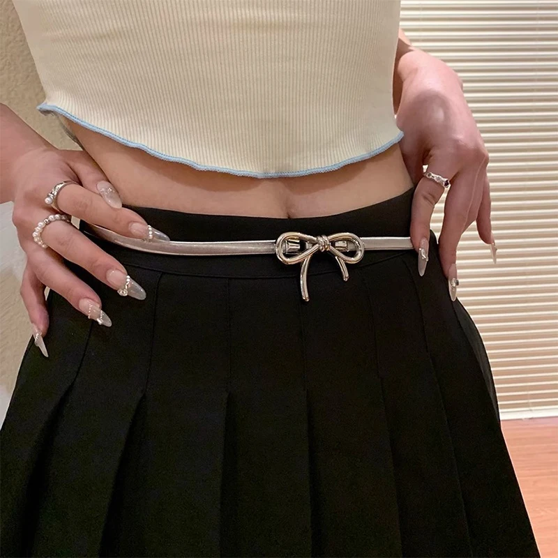 

Y2K Girls Ladies's Elastic Metal Bowknot Belt Women Narrow Female Elegant Waistband Waist Decorate For Dress