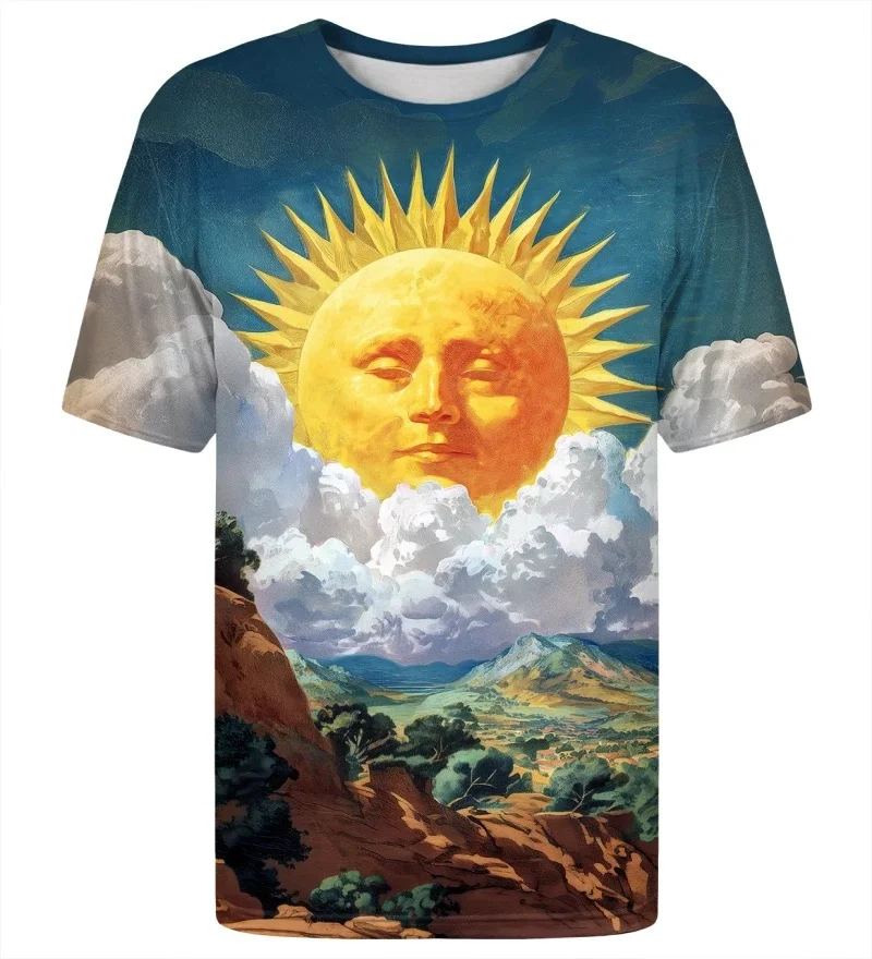 Anthropomorphic Sun T-shirt, Renaissance Retro Oil Painting Style, Featuring Face  Sun Art-inspired Patterns, Crew Neck T-shirt.