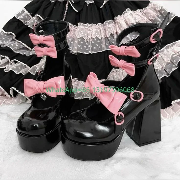 

Lady bowtie black pink Mary jane cut-out boots metallic PU buckle strap calf boots hollow mirror PU elegant punk style boots 46