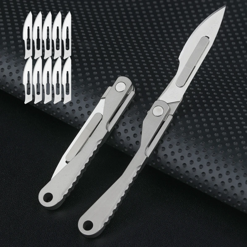 Imagem -06 - Mini Titanium Alloy Medical Folding Bisturi Faca Edc Outdoor Desembalagem Pocket Knife 10 Pcs Lâminas Substituíveis