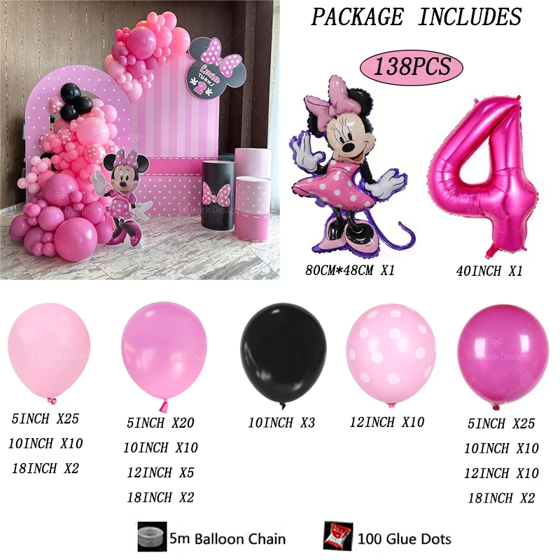 138pcs Disney Minnie Mouse Balloon Garland Kit Pink Purple Balloons Girls Birthday Party Decora Baby Shower Dcors Globos Supplie