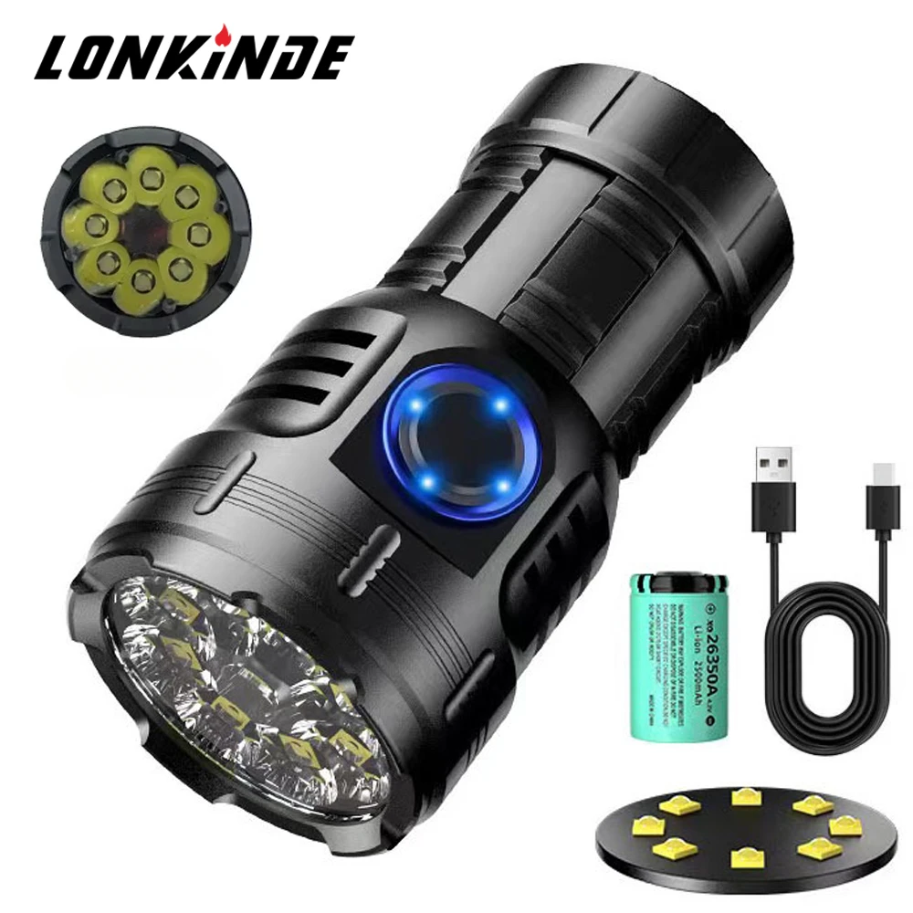 8 LED Mini Flashlight Powerful Type-C Rechargeable 26350 Battery Torch Super 5000LM Lamp with Tail Magnet Tactical Lantern