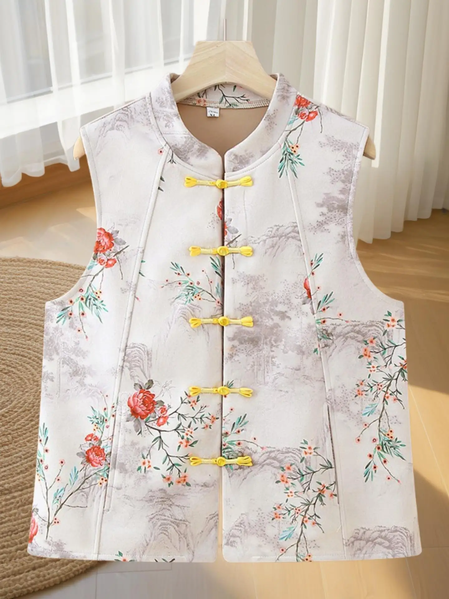 シックな中国風の女性用ベスト、秋のアウターウェア、中年および年配の母親向け、ファッショナブルなプリント入りルーズフィットカーディガン