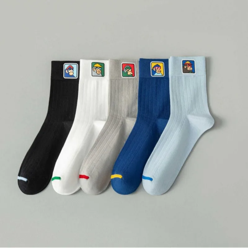 

5 Pairs Of Men'S Socks Sock Set Cartoon Stockings For Men Leisure Sport Blue Stockings Middle Barrel Socks Soft Skin-Friendly