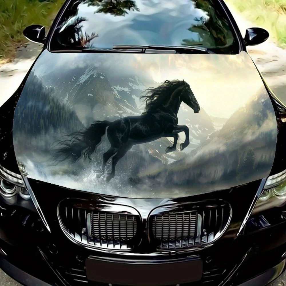 

The Black Horse Soaring in the Lake Car Hood Vinyl Wraps Sticker, Car Engine Decal, Waterproof Self-adhesive Car Packaging Cover