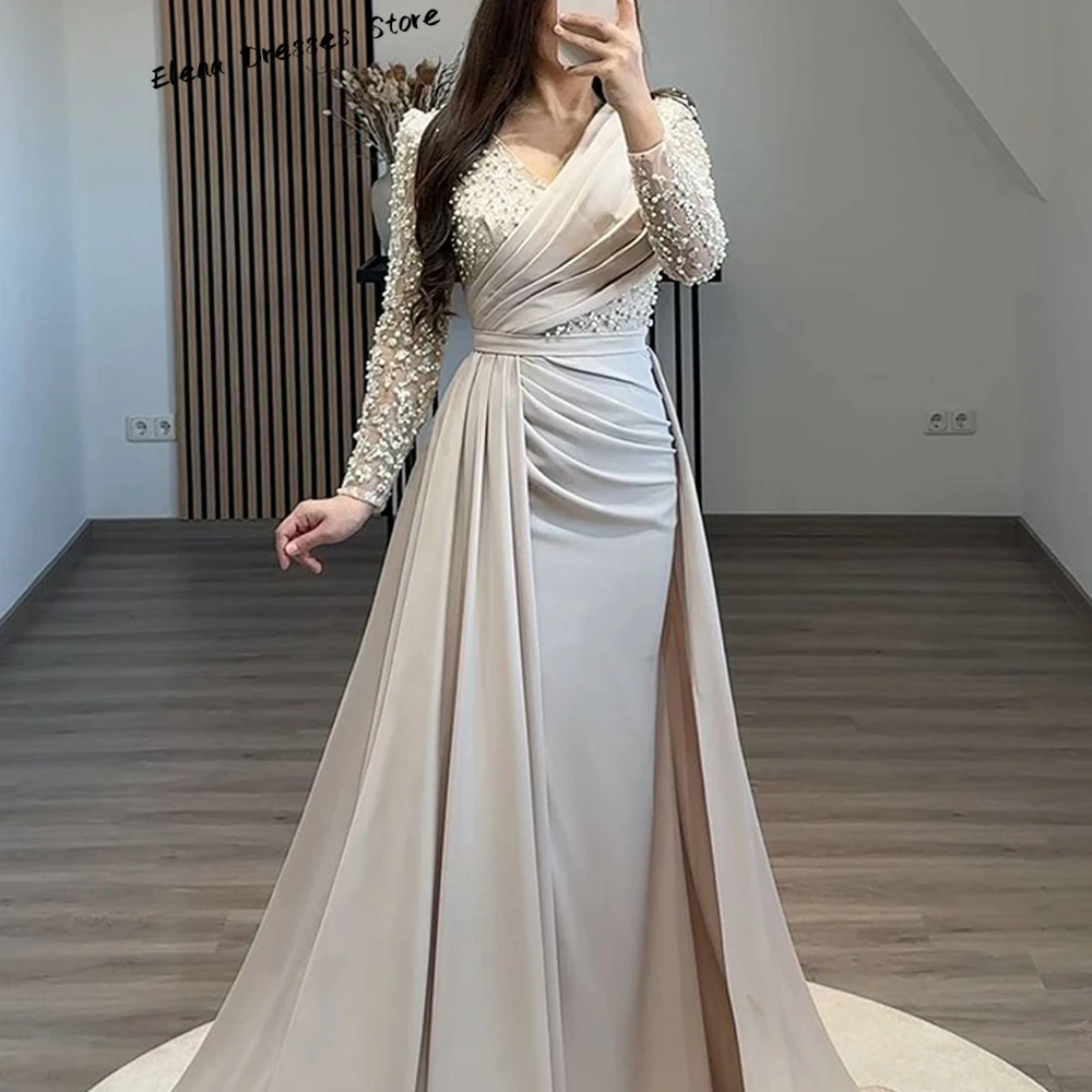 ชุดราตรีแขนยาวประดับมุกนางเงือก ชุดราตรีคอวีหรูหราสั่งตัดได้ งานปักคุณภาพสูง ชุดออกงานสั่งตัดพิเศษ