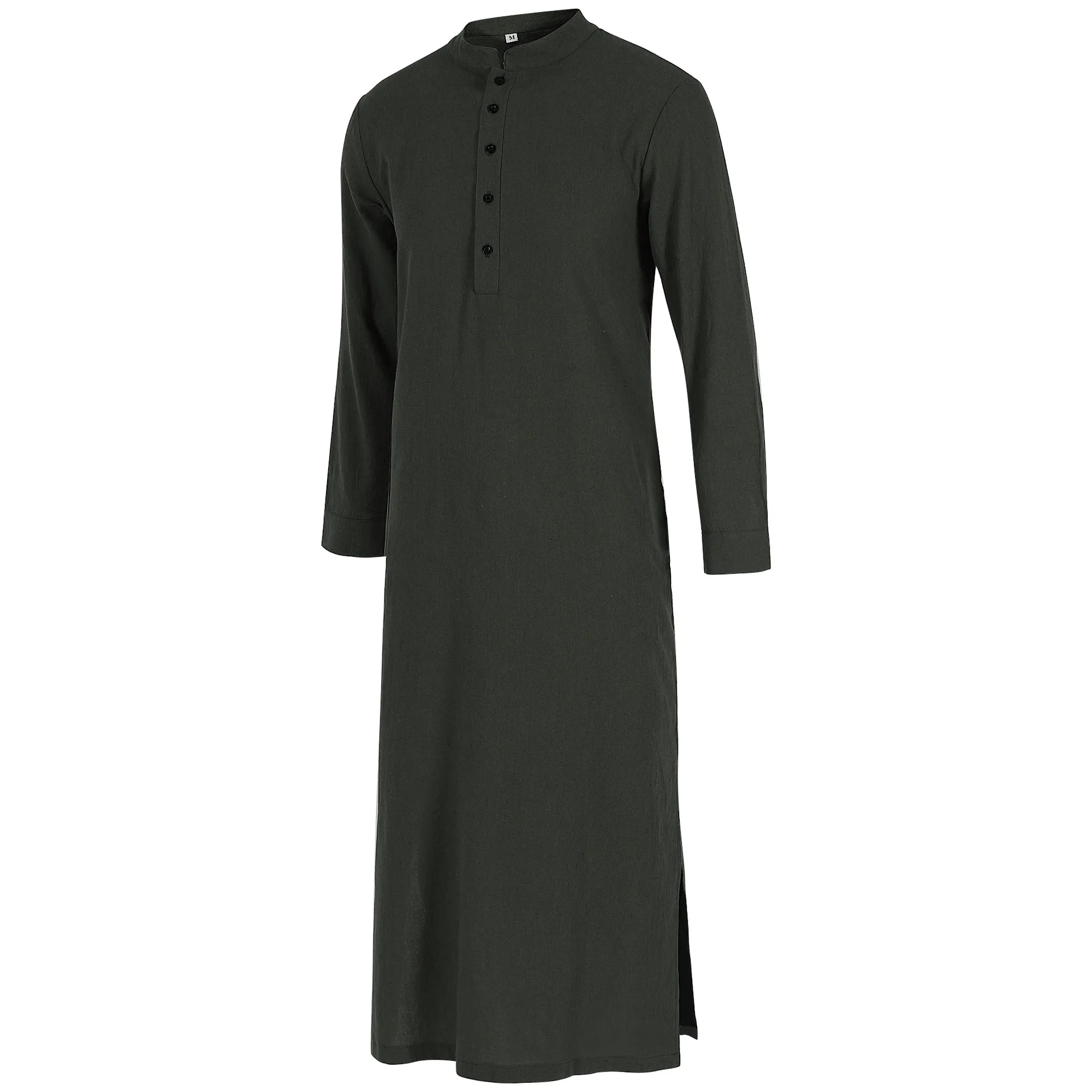 2025 New Men Islamic Muslim Robe Middle East Arabic Long Sleeve Jubba Thobe Side Slit Button Long Robes Pakistani Dubai Kaftan