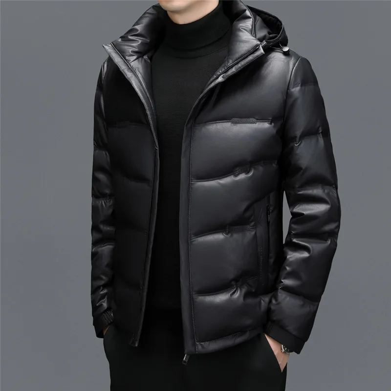 ZDT-8054 Winter New Men's Sheepskin Short Hooded White Duck Down Casual Down Jacket Warm And Thick Genuine Leather Jacket