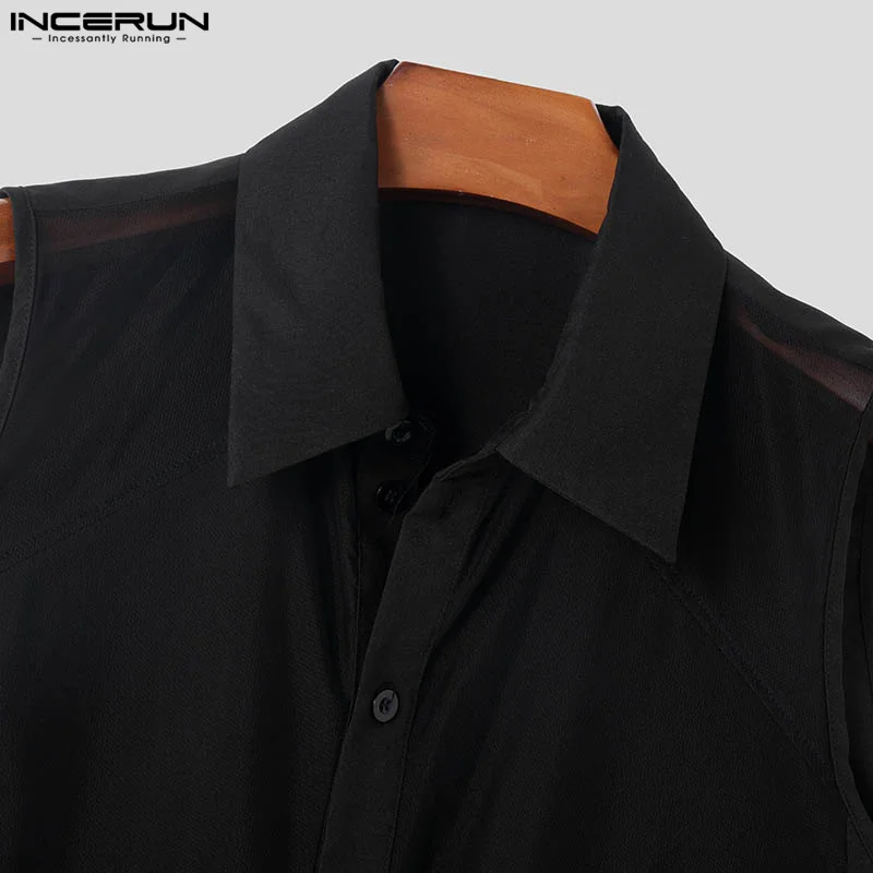 INCERUN-Chemise pour Homme en Maille Transparente, Patchwork, Revers, Sexy, Streetwear, Mode Décontractée, Vêtements d\'Été, 2024