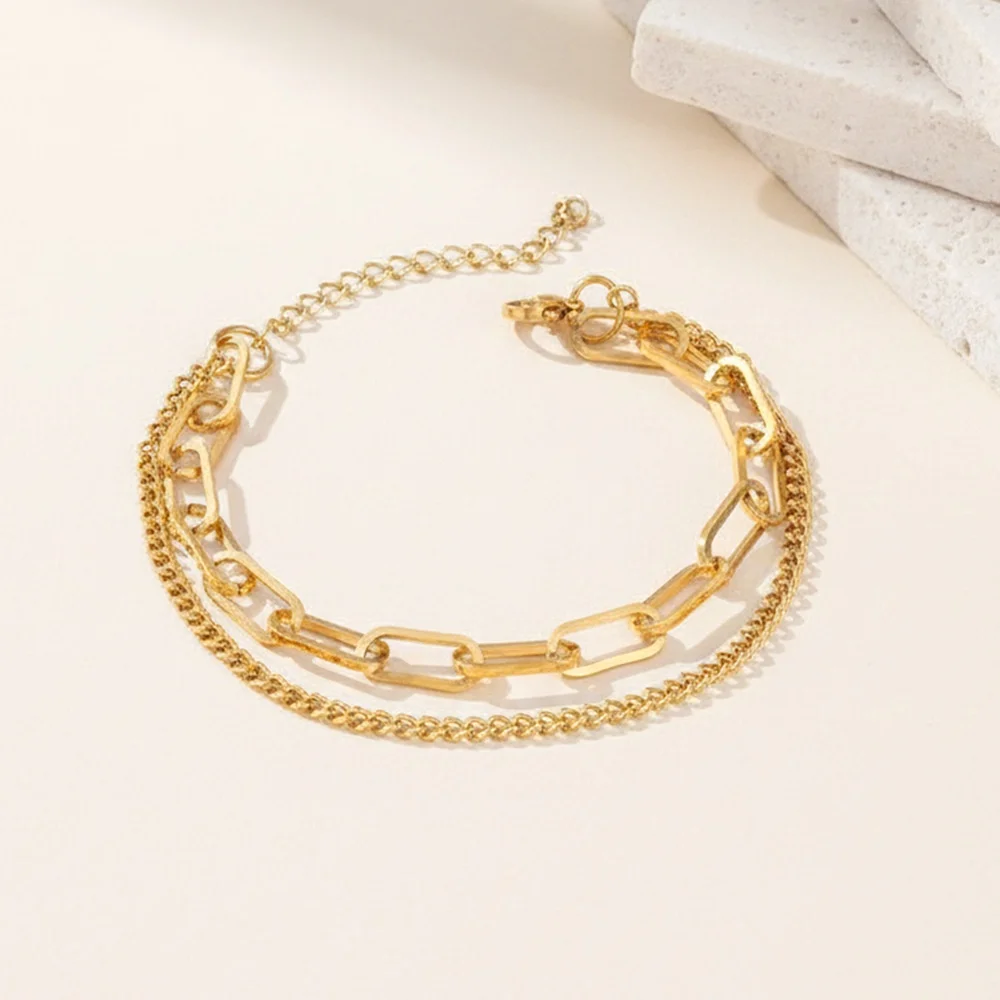 Hip-Hop Doppelschicht-Paperclip-Kette Herrenarmband Einfaches Goldfarbenes Edelstahl-Schmuckstück Modisches Damenarmband Accessoires – Detail 2