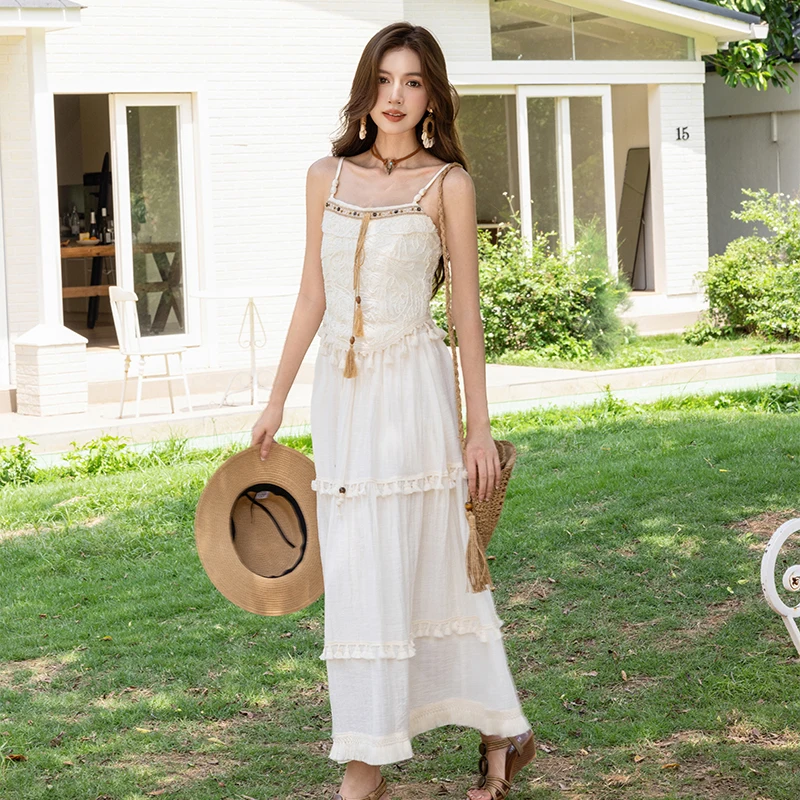 Ethnic Sle Embroidered Elephant Vest Jaet assland Photoaphy White f Skirt Matching Polyester Fiber Summer New Arrival