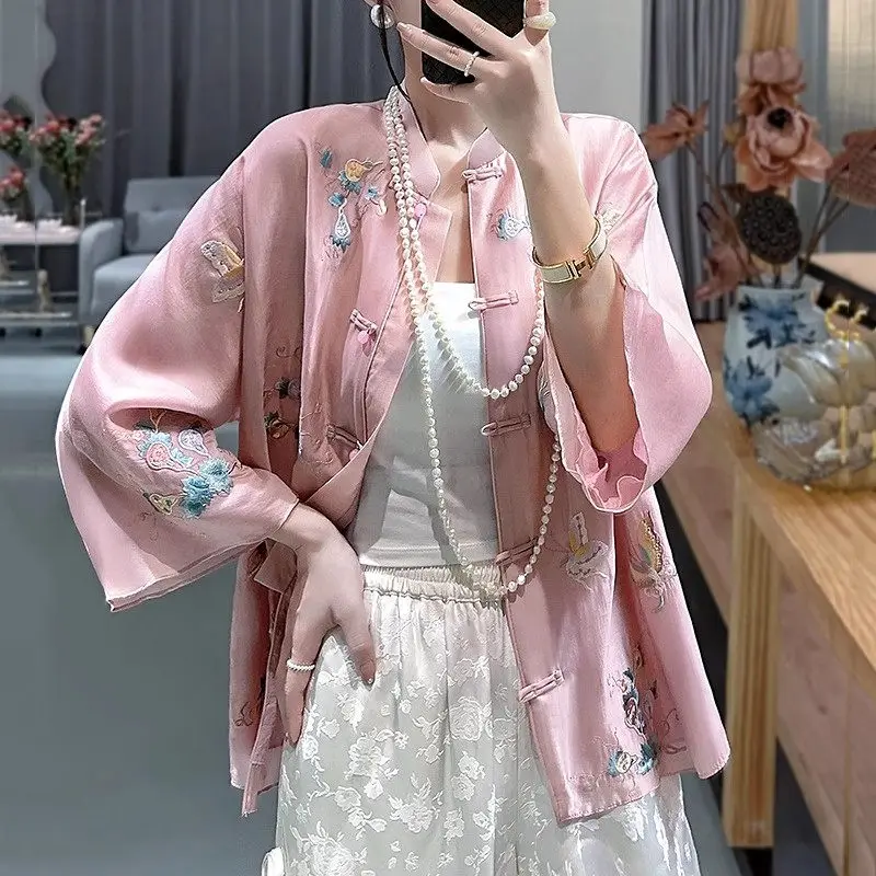 National Style Top Hanfu Improved Embroidery Tang Clothing Women's Summer Cardigan Thin Large Size Chinese Panbuckle Shirt Z1760