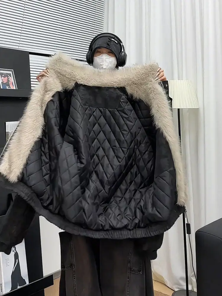 

Thickened American Black Fur Collar Cotton Jacket Men Women Winter Warm Cleanfit Casual Long Sleeve Button up Pure Color