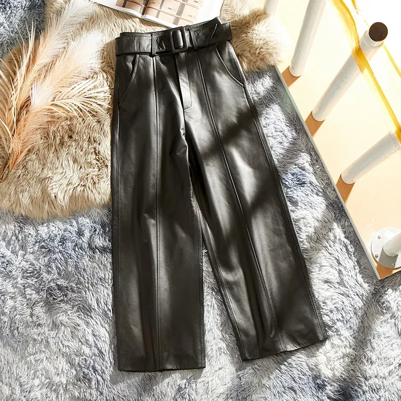 Genuine Leather Pants Women Pant High Waist Straight Pants Women Winter Pants Korean Cow Leather Trousers Streetwear Ropa Mujer