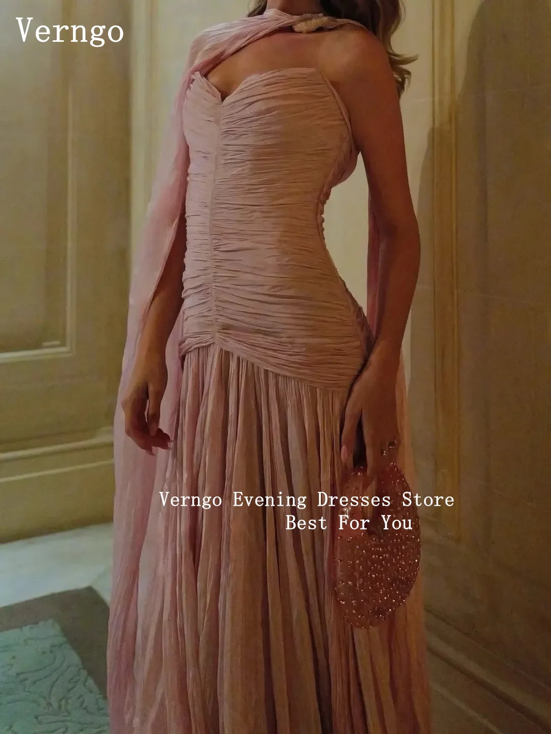 เวิร์นโก ชุดราตรีผ้าซาตินสีชมพูเงา ทรงเอไลน์ พร้อมผ้าคลุมไหล่ สำหรับงานพิธีการ งานเลี้ยง งานพรอม สไตล์อาหรับ หรูหรา สามารถสั่งตัดได้