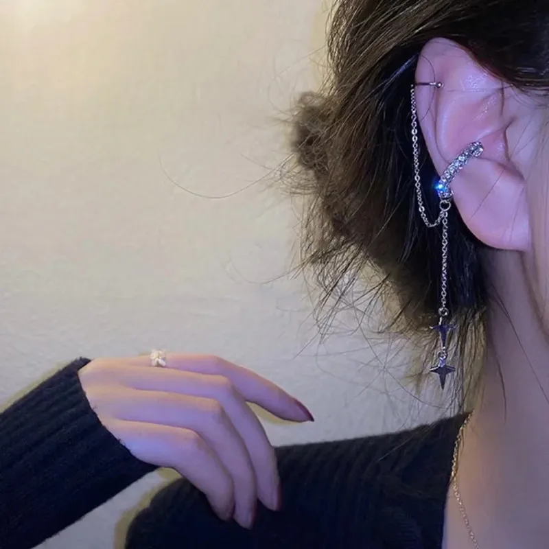 Shiny Silver Color Crystal Tassel Non-Piercing Cuff Ear Clip Earring For Women Rhinestone Star Fake Cartilage Piercing Jewelry image 4