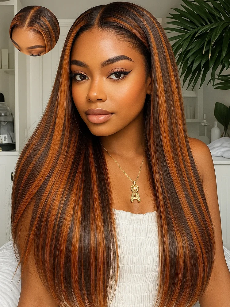 

#4/350 Color Brown Mix Ginger Highlight Lace 13X4 Front Wig Bone Straight Wear Go Glueless 5x5 Lace Wigs Human Hair Brazilain
