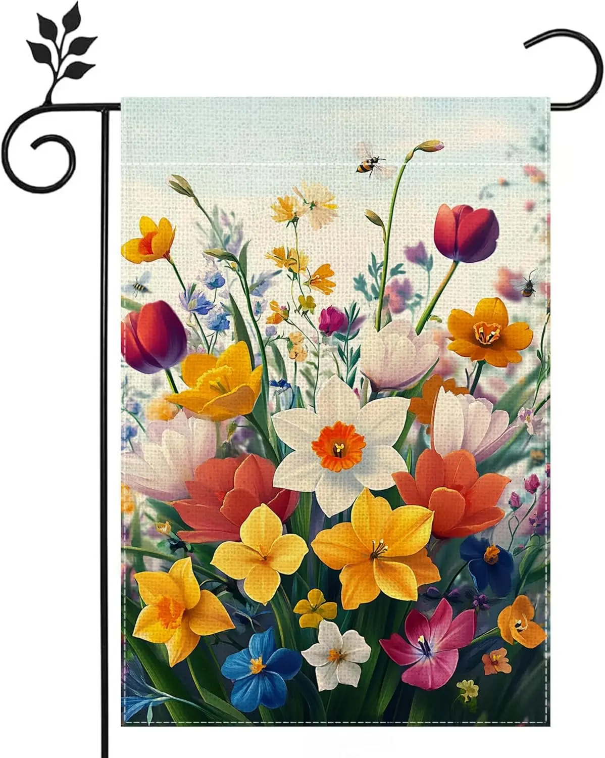 Spring Daffodils Tulip Flower Garden Flag for Outside Summer Bee Colorful Floral Yard Flag Double Sided Burlap Farmhouse Out KKW