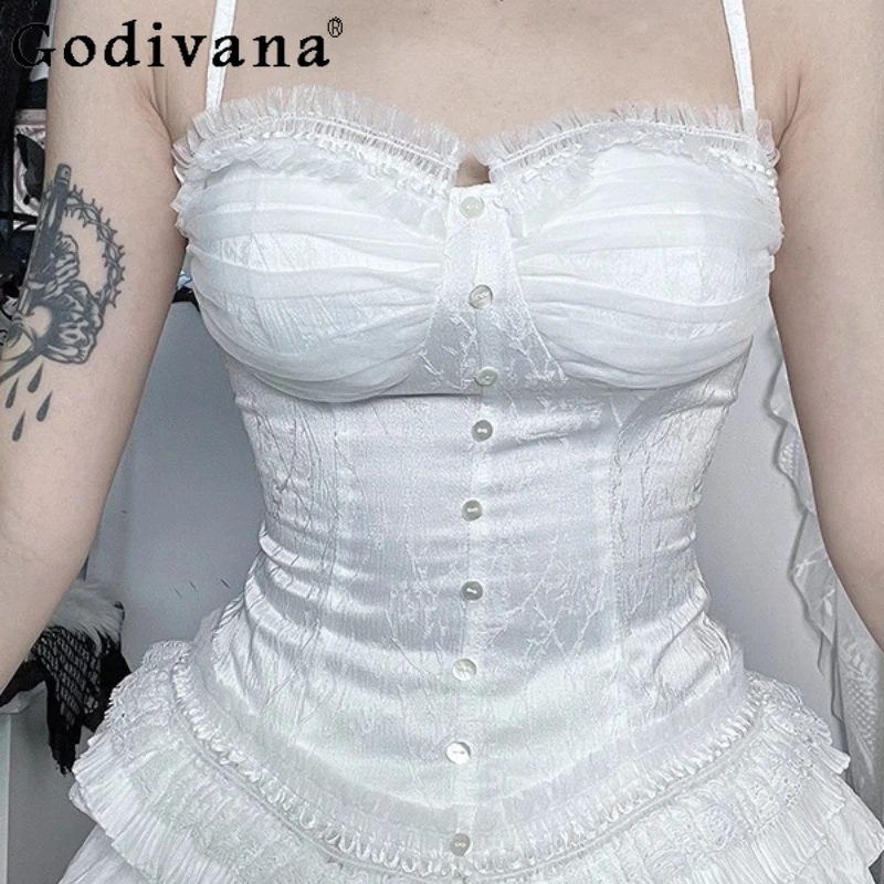 

Сексуальный наряд для горячих девушек, французский милый белый кружевной топ на бретельках, комплект с юбкой в уличном стиле, женские костюмы из двух предметов с юбкой