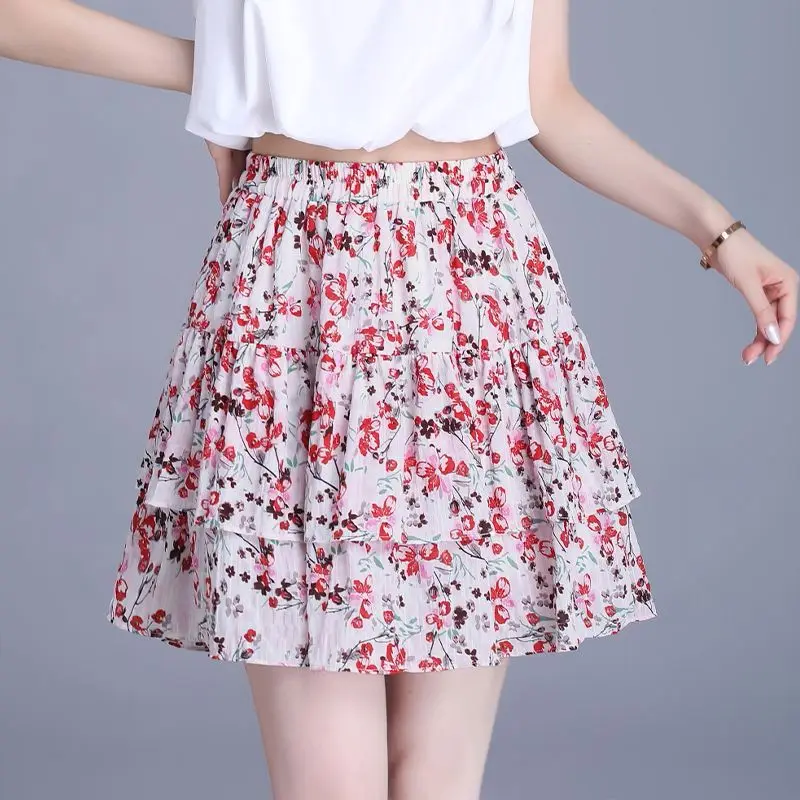 

Young Style Trend Summer Women's Elastic Waist Floral Patchwork Shirring Sweet Fashion High Waist Slim Ball Gown A-line Skirt