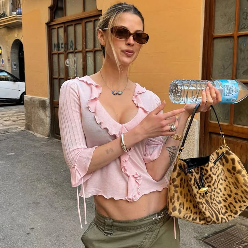 2026 Sommer Dünner Pullover Damen V-Ausschnitt Rüschen-Oberteil Pullover Streetwear Slim Sweater T-Shirt Urlaubs-Top
