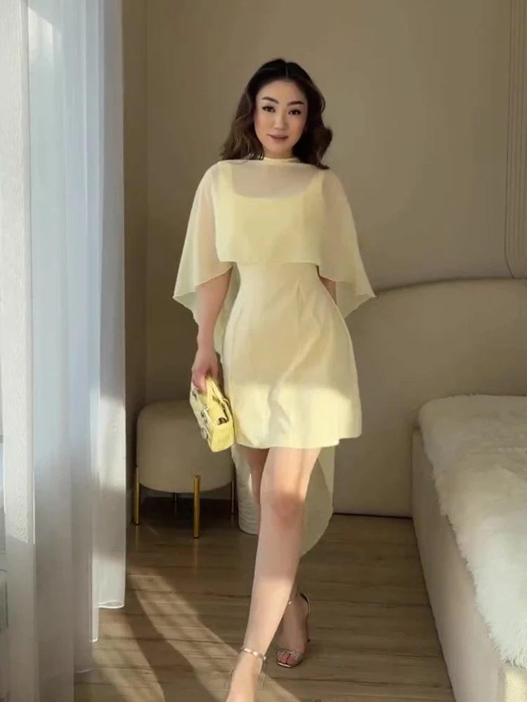 Cape Sleeve Mini Dress, Square Neck Sheer Overlay Fitted Dress for 2026 Summer Wedding Guest Elegant Breathable Women Vestidos