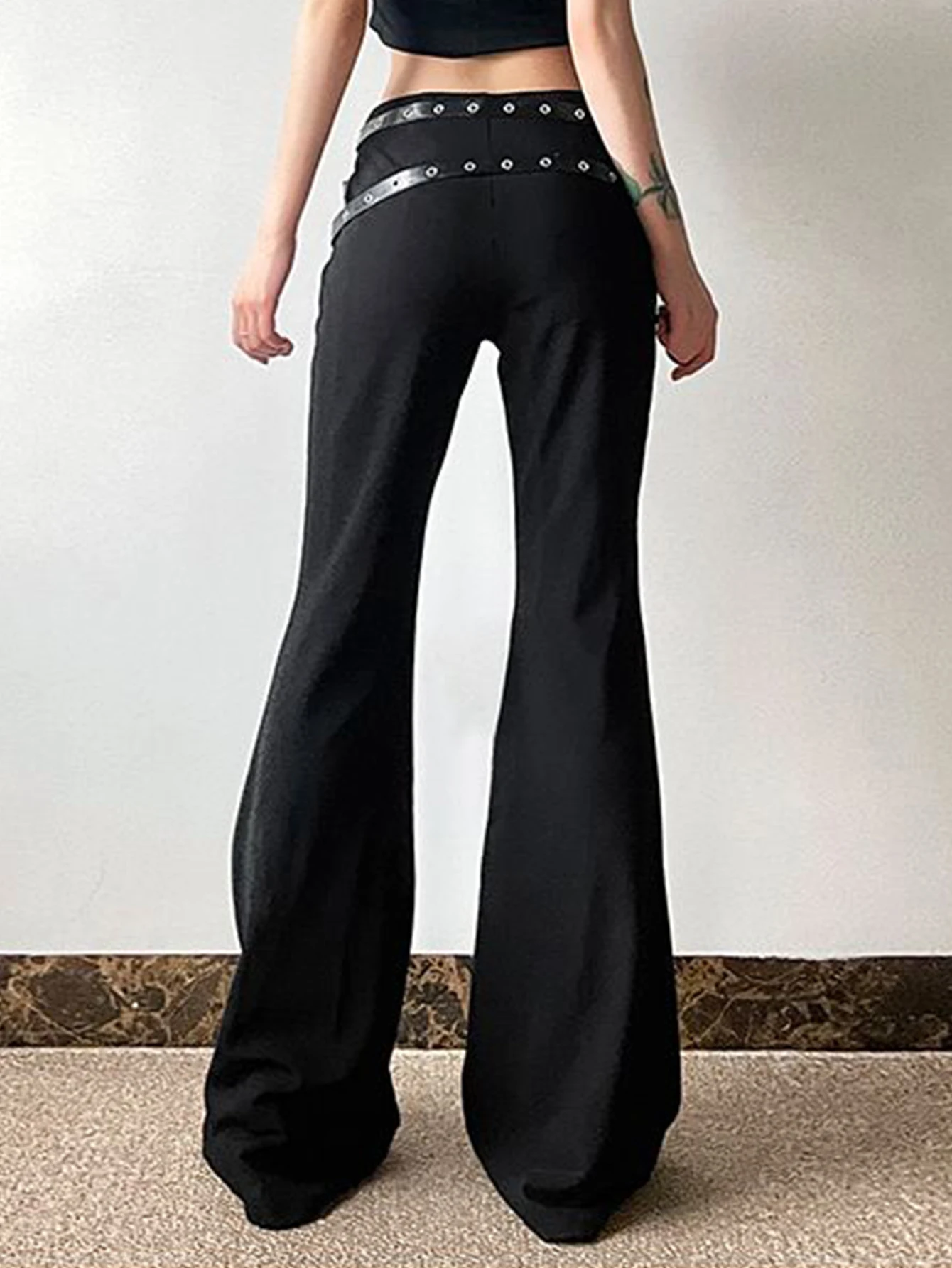 Summer New European And American Style Bell Bottoms Fashion Women's Fashion Trend Leather Buckle Waist Tight Trousers Woman