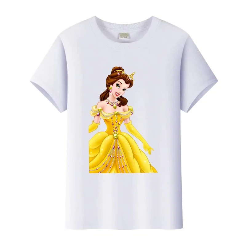 ديزني الجمال والوحش حسناء الأميرة المرأة التي شيرت فتاة بيضاء Harajuku تيز الأطفال بلوزات مستديرة العنق الرجال البلوزات الأسرة تي شيرت
