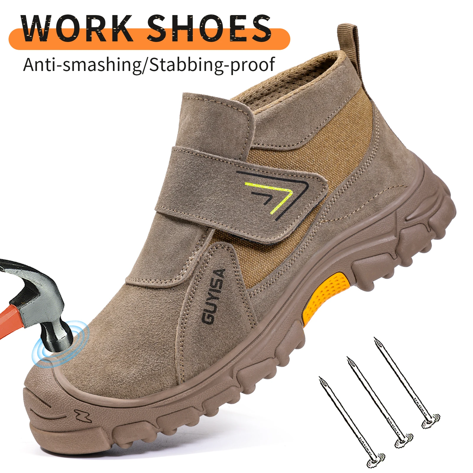 

GUYISA Men's Steel Head Work Shoes Anti Smash and Anti stab Brown High Top Velcro Simple and Fashionable Industrial Fireproof Fl