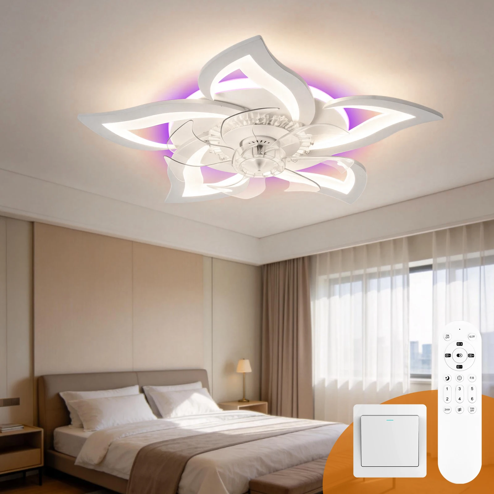 Blumenförmiger moderner LED-Deckenventilator mit Licht, dünner Deckenventilator mit Fernbedienung im Schlafzimmer, dimmbares Licht, 3 Farben, 6 Geschwindigkeiten, Timer