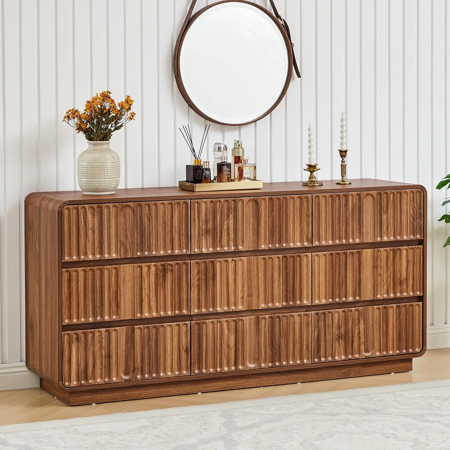 

Комод с 9 ящиками и рифленой отделкой, деревянный, с закругленными углами, 60 дюймов, цвет орех, на заказ