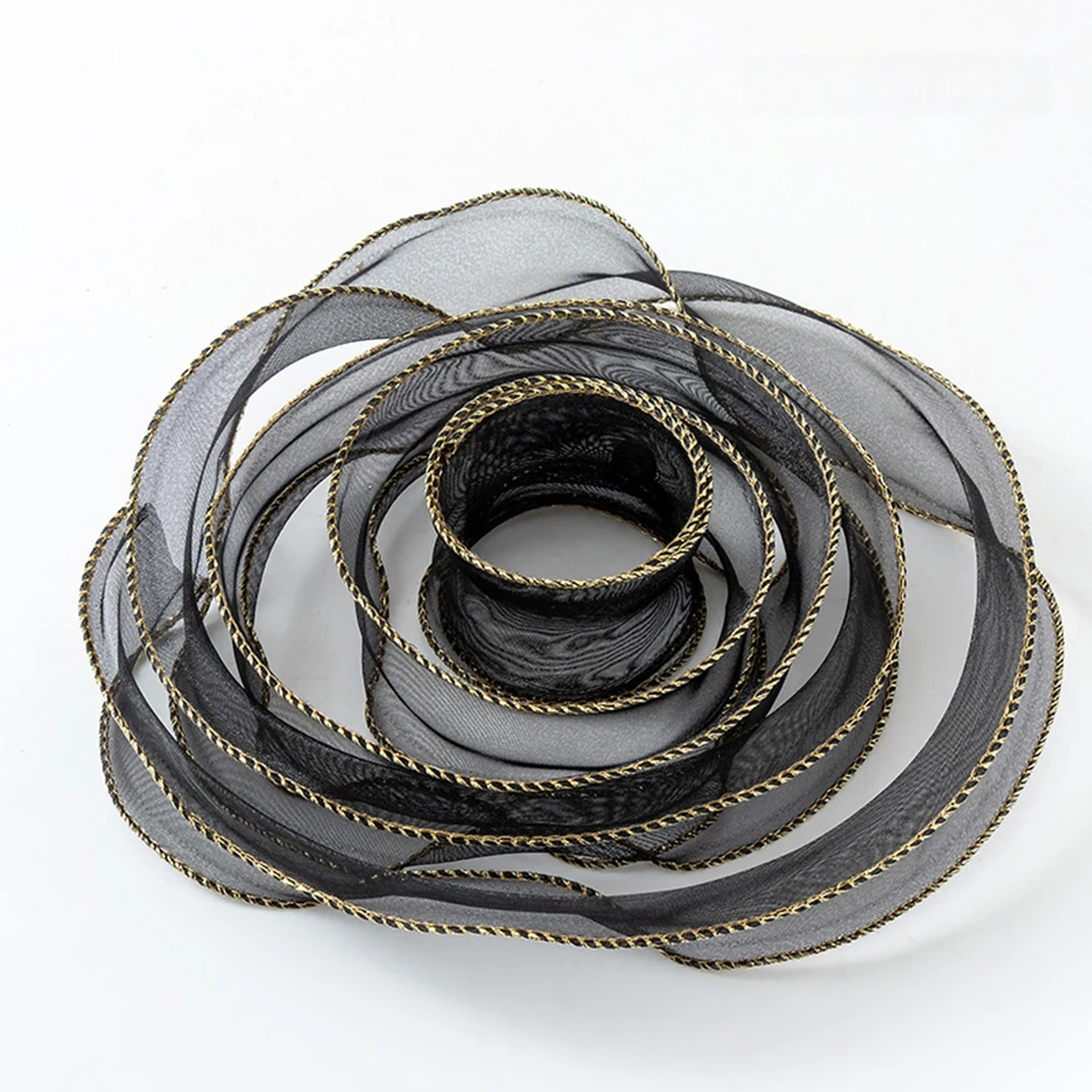 10yards Organza Ribbon Golden Wave Wired Ribbon Gift Bouquet Packaging,Handicrafts,Christmas Birthday Wedding Party Decoration