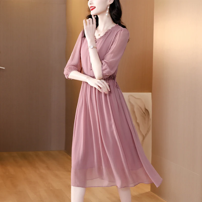 2023 Spring/Summer New Pink V-Neck Temperament Silk Skirt Solid Color Slim A-line Skirt Temperament Waist Over Knee Long Dress