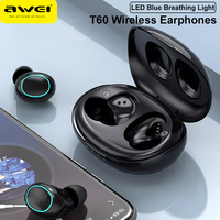 Awei T60 Bluetooth 5.1 Earphones TWS Wireless Headphones In-Ear Mini LED Light Display Earbuds Sport Headset with Microphone