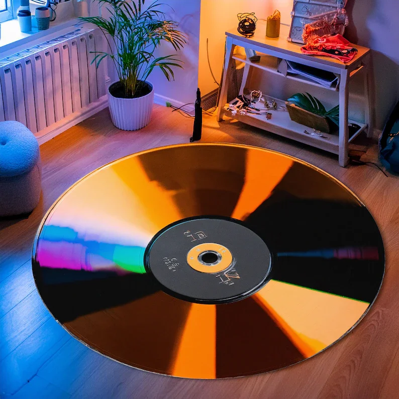 

Cd Round Rug for Retro Room Shiny Record Rug Retro Computer Decor Cool Design Round Rug Washable and Non Slip Decoration