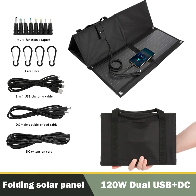 

120W Solar Panel Charger for 12V Battery Foldable Solars Plate Dual USB+DC Safe Charge Cell Sola Phone Charger for Home Camping