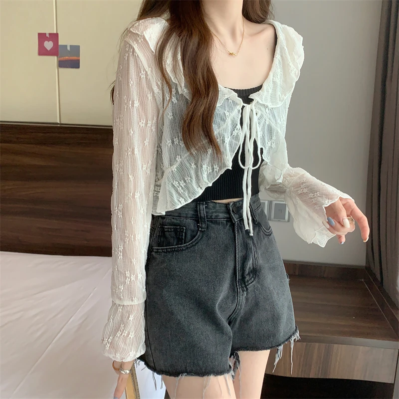 Summer New Thin V-neck Lace up Knit Cardigan Women Long Sleeved Sweet Ruffle Edges Shawl Solid Lace Fresh Sunscreen Shirt Spring