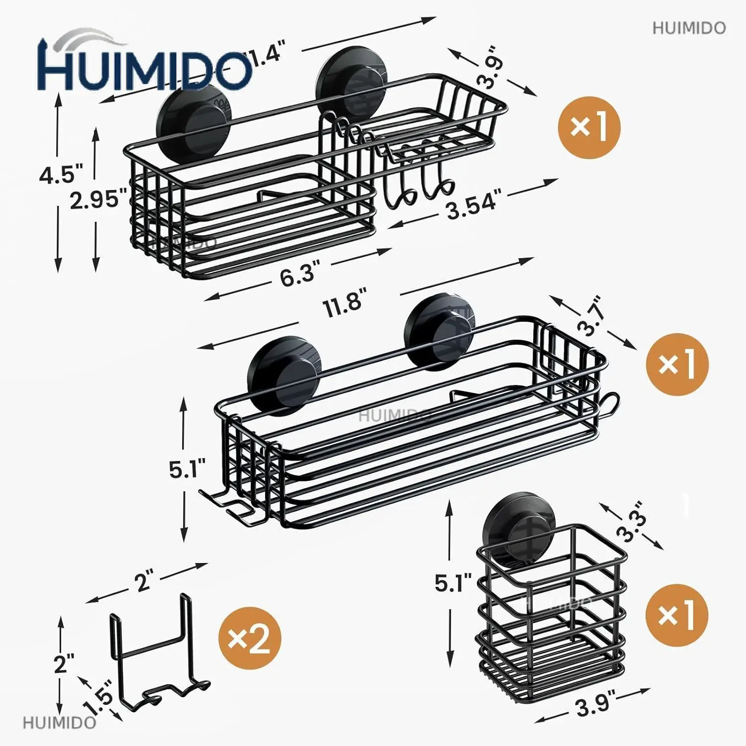 Heavy-Duty Rustproof Black Shower Caddy 3-Pack Suction Cups Stainless Steel Hooks Soap Modern Removable Bathroom Organizer