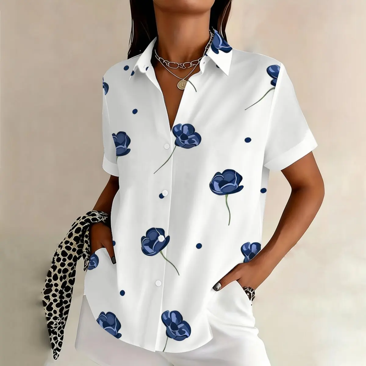 

Korean style fresh blue rose full print shirt for women in summer, versatile daily wear, collar, age reducing short sleeved top