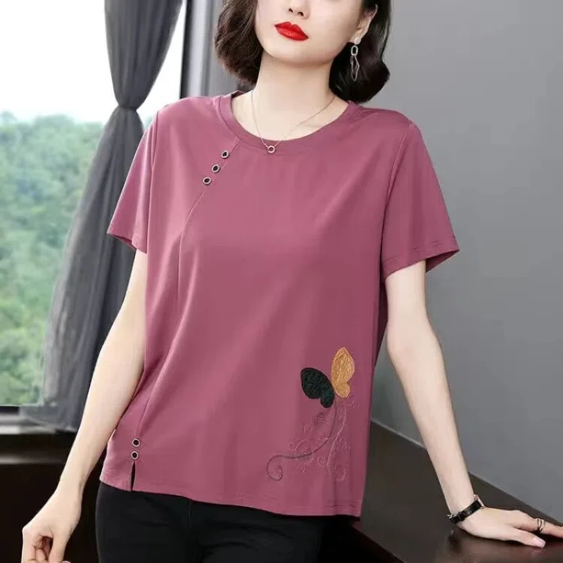 Korean Fashion Summer New Pure Cotton Women\'s O-Neck Embroidered Button Patchwork Casual Loose Short Sleeve T-Shirts Tops