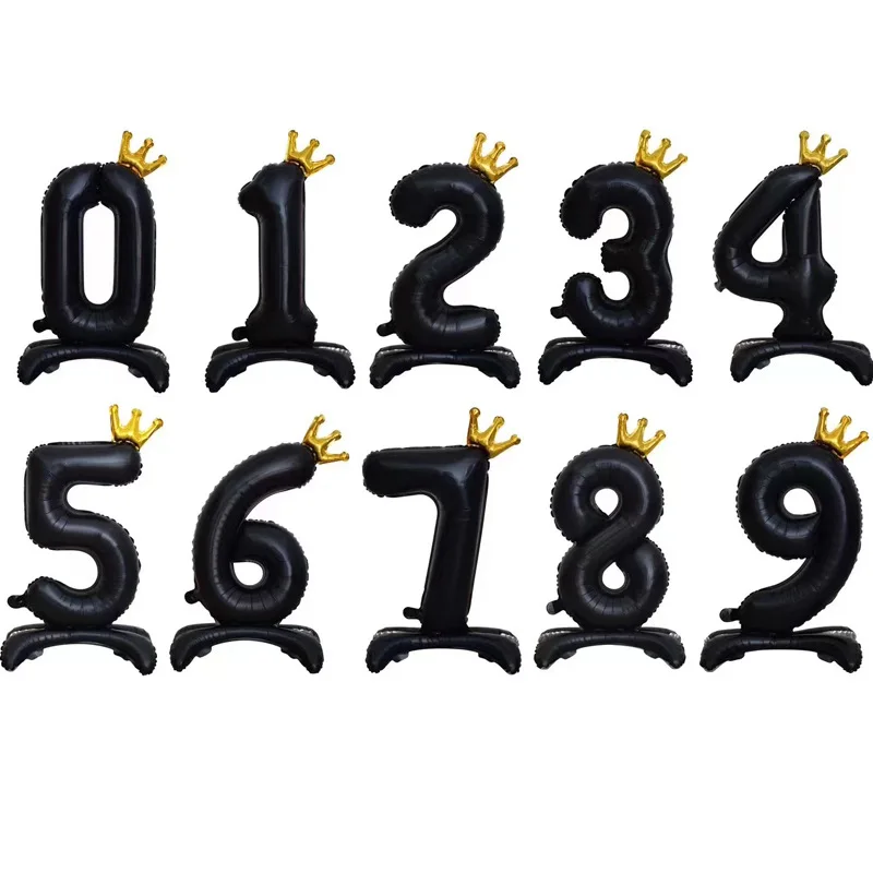 1Pc 40Inch Golden Crown Digital Black Balloon 0-9 Digital Balloon With Base Birthday Party Anniversary Decoration Shower Balloon