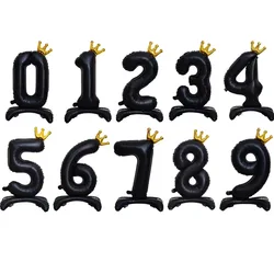 1Pc 40Inch Golden Crown Digital Black Balloon 0-9 Digital Balloon With Base Birthday Party Anniversary Decoration Shower Balloon