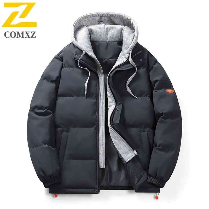 COMXZ Men Cotton Coat Premium Fake Two Piece Japanese Style Hooded Parka Outdoor Cycling Lightweight Winter Thickened Garment