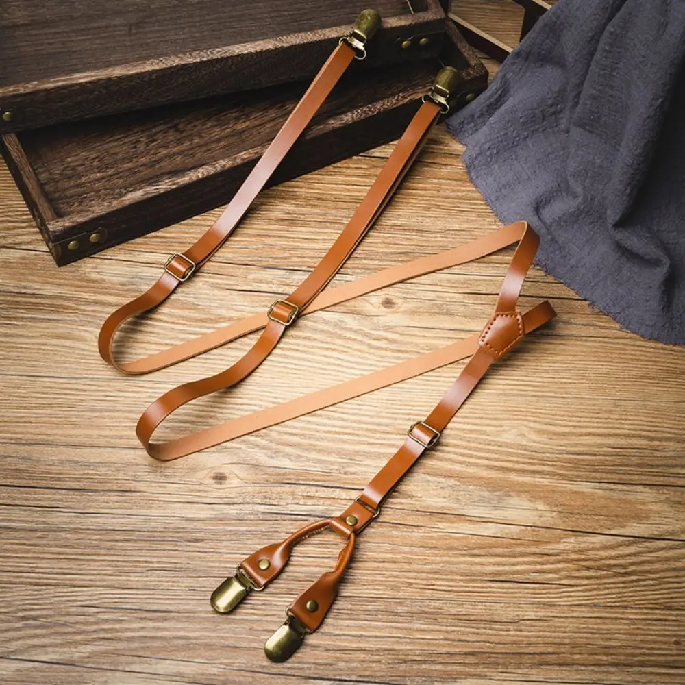 

Fashion 1.5CM Suspenders for Men Retro British Style Leather Suspenders Spaghetti Strap Anti-slip Suspender Clip Business