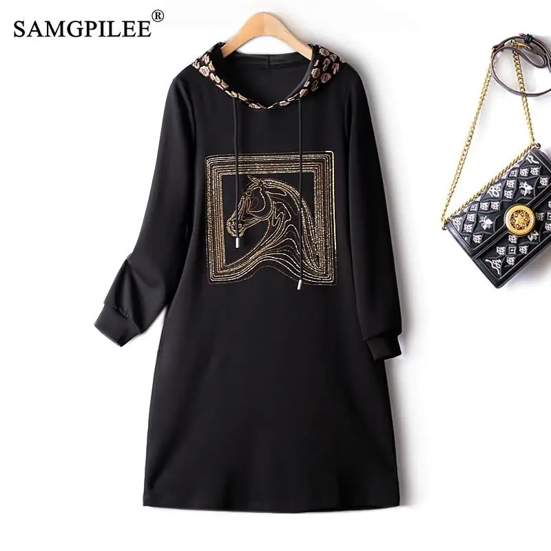 

Hot Diamond Animal Light Luxury Hooded Black Dresses 2023 New In Spring Autumn Air Cotton Drape European Elegant Woman Dress 4XL