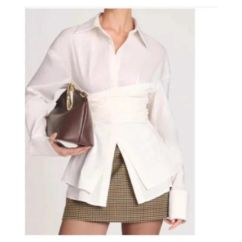 

Beautyblue Waist Shirt for Women Fashion Pleated Lapel Blouses Casual Loose Button Split-Joint Temperament Ladies Office Tops