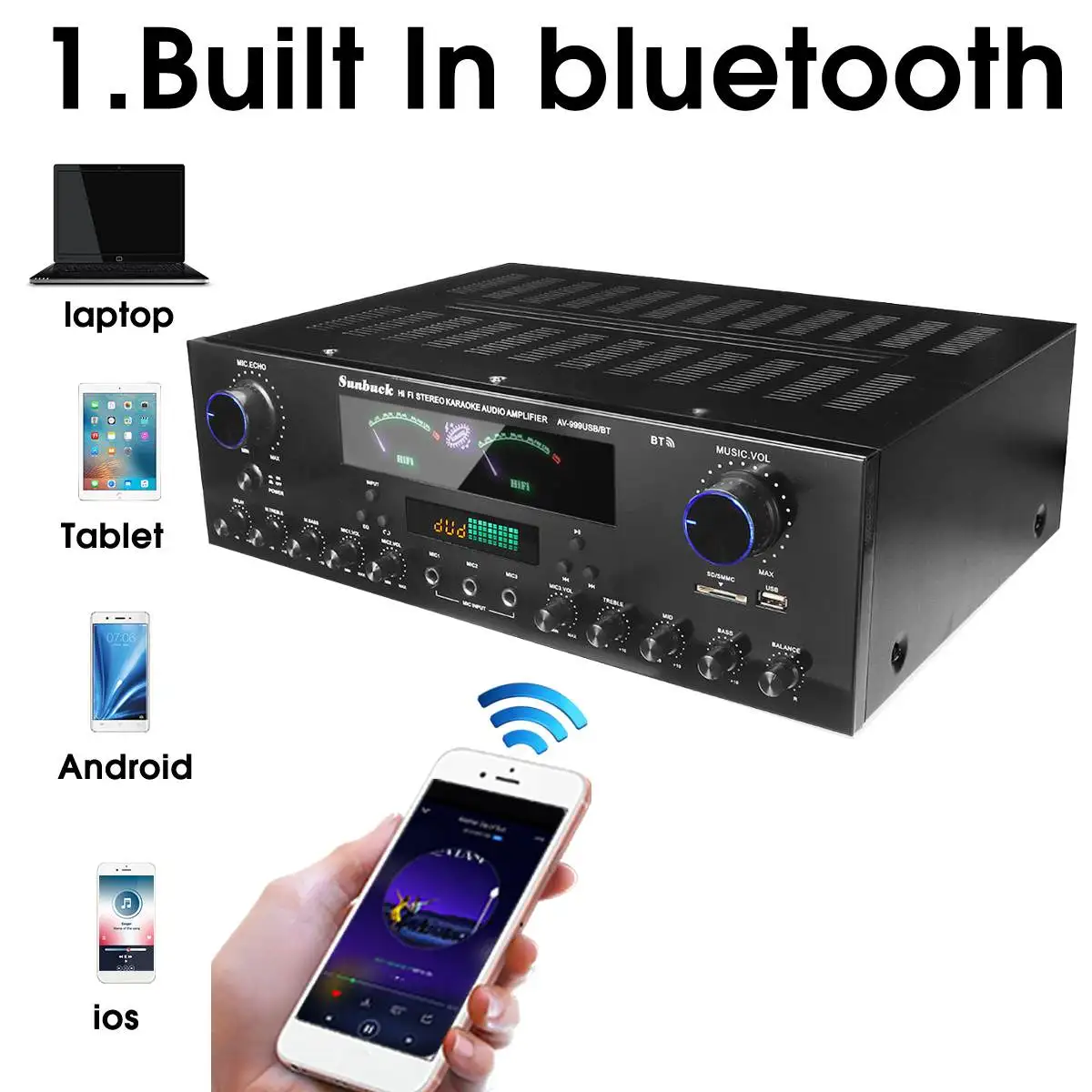 3000W high power Bluetooth 7 Channel Audio Power Amplifier AV Amp Speaker Support FM USB SD Cards