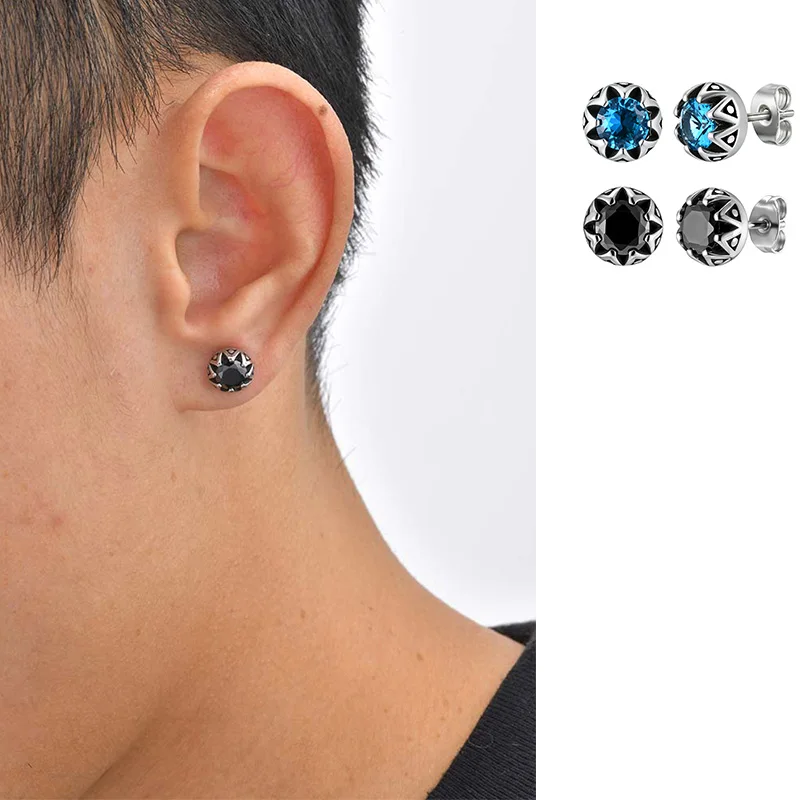 Pendientes de circón Vintage para hombre, pendiente de tuerca de acero inoxidable de Color plateado con corona fundida, pendiente Piercing de moda, regalo de joyería