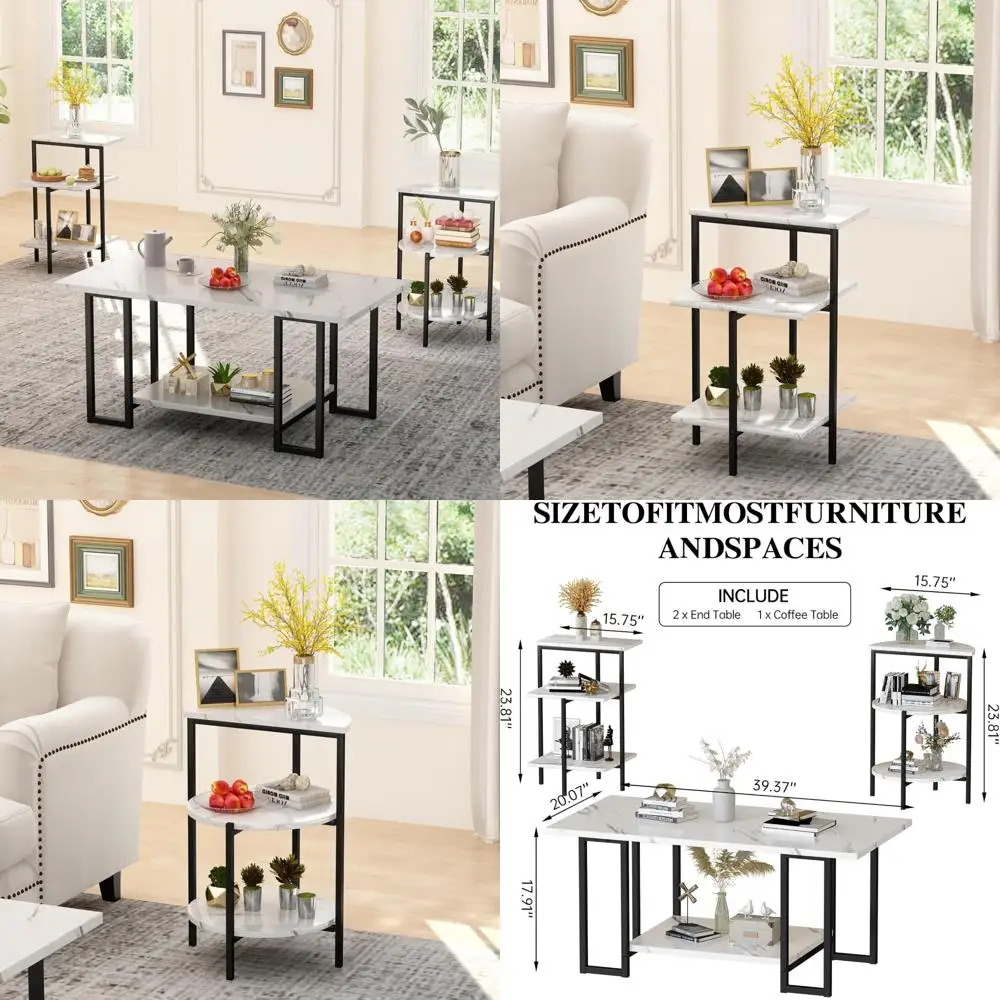 

Faux Marble 3-Piece Coffee Table Set with Metal Frame for Living Room Decor